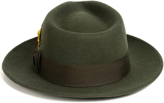 Gangster 100% Austrailian Wool Crushable Mens Fedora Hat - Removable Feather Gangster Olive Green Mens Fedora Hat