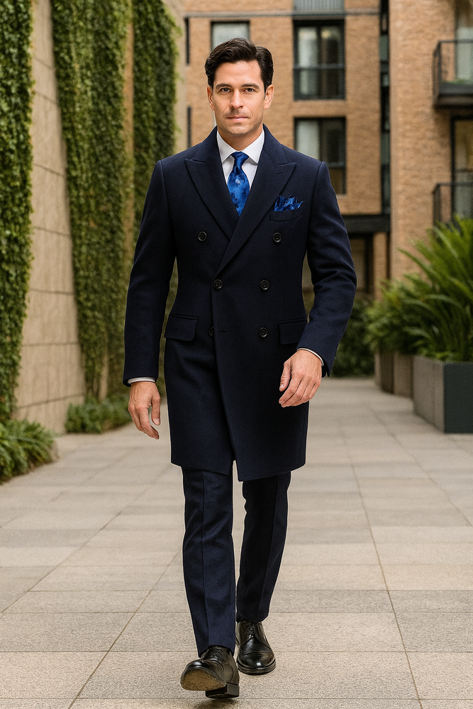 Navy Blue Overcoat - Blue Winter Topcoat - Fabric Double Breasted
