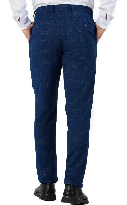 Mens Royal Blue Checker Single Breased Notched Lapel Suit Slim Fit