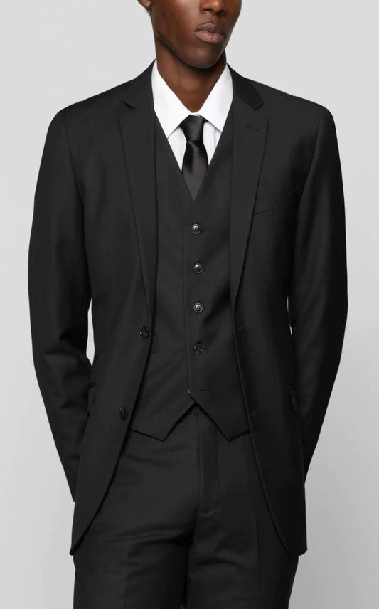 Mens Black Notched Lapel Suit Slim Fit Flat Front Pant Black