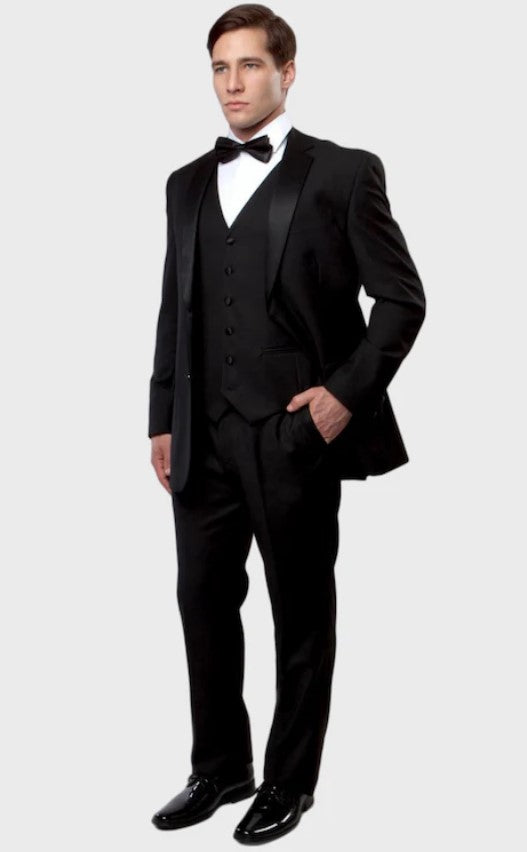 Big and Tall Tuxedo - Notch Lapel Black 3 Piece Vested Slim Fit Tuxedo