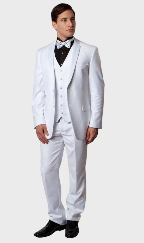 Big and Tall Tuxedo - Notch Lapel White 3 Piece Vested Full Lined Slim Fit Tuxedo