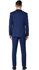 Mens Royal Blue Checker Single Breased Notched Lapel Suit Slim Fit