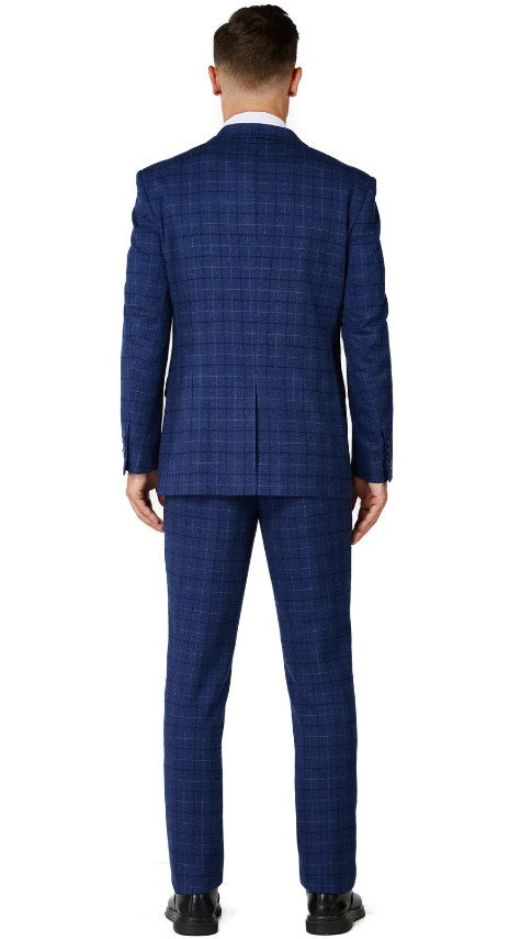 Mens Royal Blue Checker Single Breased Notched Lapel Suit Slim Fit