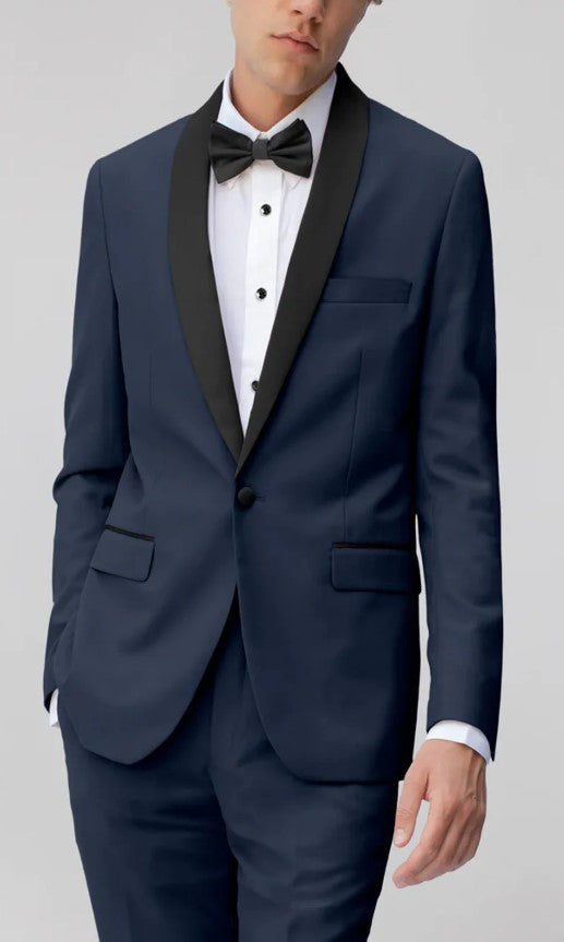 Mens Navy Shawl Lapel Suit Flat Front Pant Single Breased Slim Fit