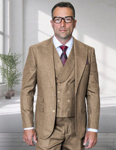 Mens Ticket Pocket Peak Lapel Double breasted Vest 100% Wool Tom Ford Style Modern Fit in Color "Bronze" By Statement
