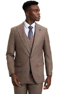 Men's Stacy Adams One Button Peak Lapel Double Breasted Vest Suit in Light Brown Plaid