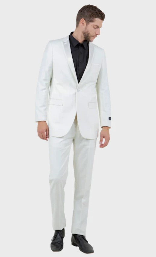 Big and Tall Tuxedo - Off White 1 Button Satin Peak Lapel With Satin Trim Tuxedo