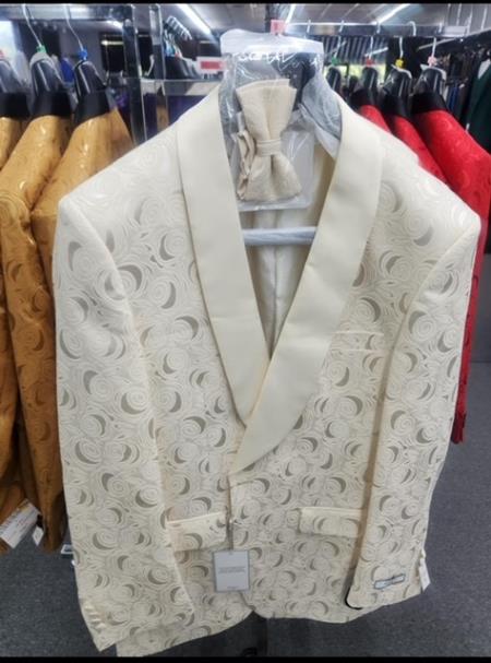 Paisley Tuxedo Dinner Jacket - Ivory - Cream - Off White Mens Blazer + Bowtie - Prom 2026 Jackets