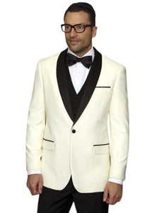 Champagne Suit Men's Cream ~ Ivory ~ Off White Dinner Jacket 1 Button Blazer Sport Coat Black Lapel + Matching Vest & Pants As soon on the picture + Free Shirt & Bowtie