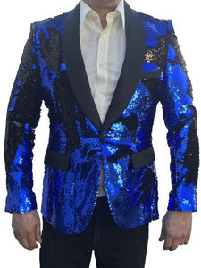 Men's Sequin Tuxedo Jacket ~ Flashy Shiny Blazer Sport Coat Dinner Blazer Royal and Black