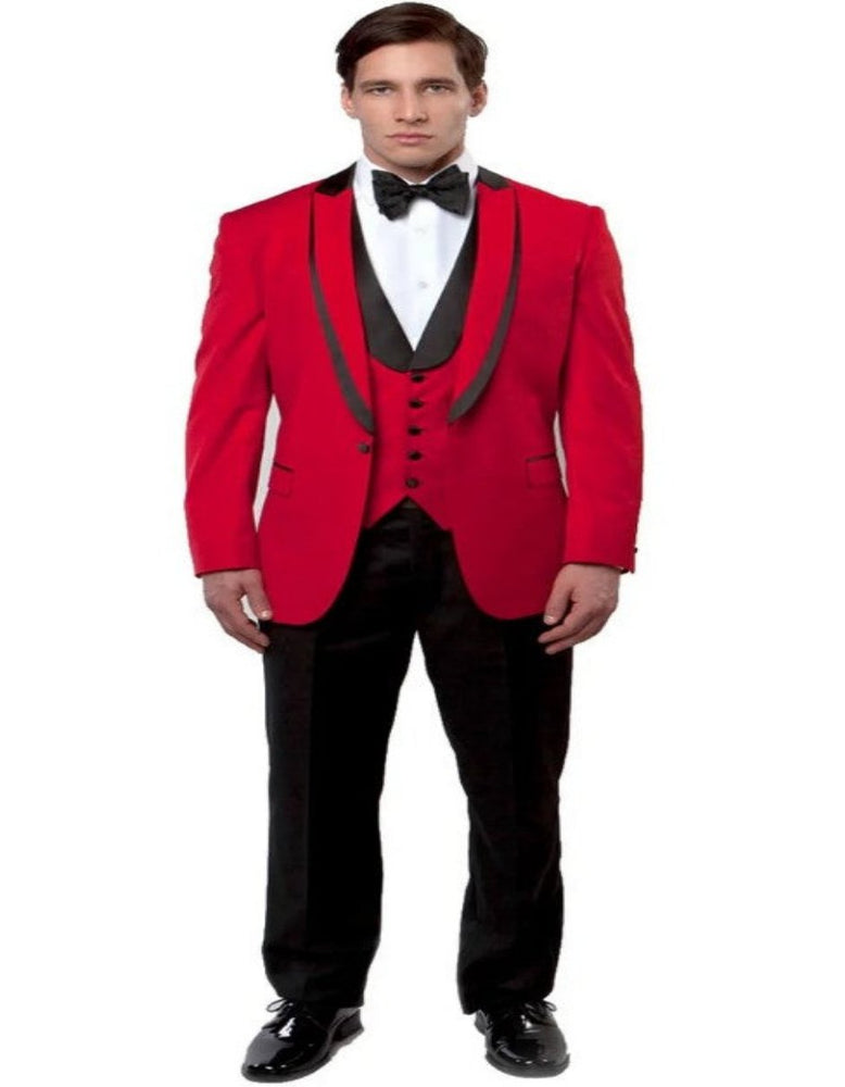 Mens One Button Peak Lapel Flat Front Pants Vested Fancy Tuxedo in Red