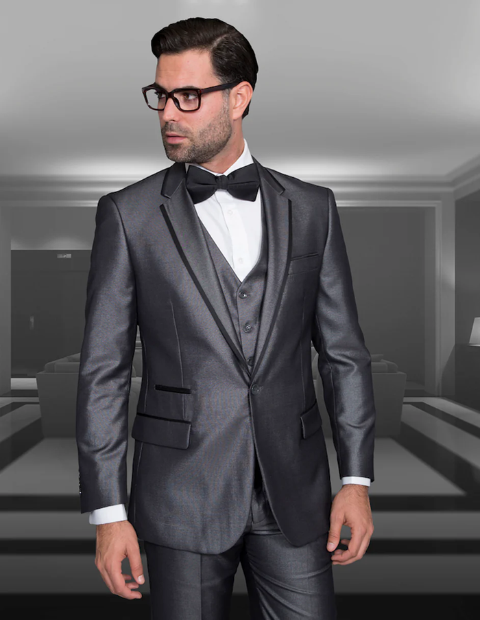 Gray Prom Suit - Mens One Button Satin Trim Notch Prom Tuxedo in Shiny Grey Sharkskin