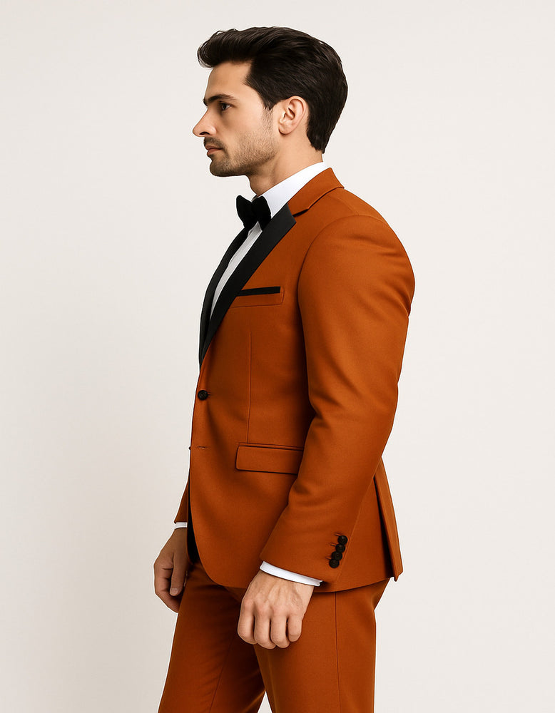 Men's Burnt Orange Tuxedo Suit – 3-Piece Slim Fit with Black Satin Shawl Lapel