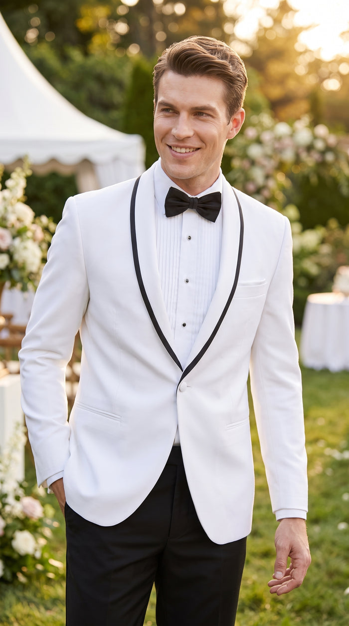 Men’s Designer White Dinner Jacket with Black Trim, Traditional Formal Wedding Prom Tuxedo Blazer