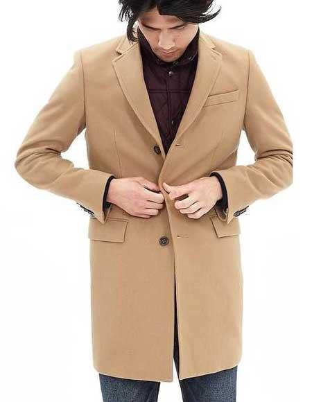 Mens Overcoat Three Quarters Length Men's Long Jacket Dress Coat Camel Wool Blend 3 Button Men's Carcoat ~ Designer Men's Wool Men's Peacoat Sale