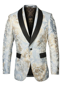 Black/Gold  Prom Tuxedo Suit - Black/Gold  Wedding Suit - Men's Shawl Collar Wedding Tuxedo Blazer In White With Gold Foil Paisley