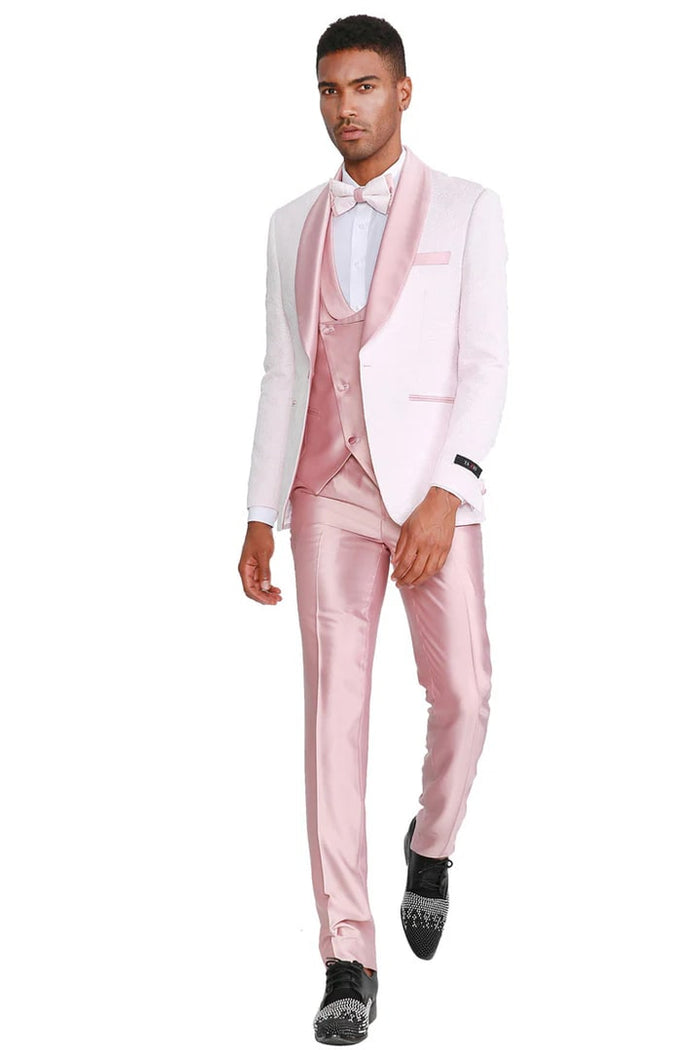 Pink  Prom Tuxedo Suit -Pink Wedding Suit - Men's One Button Vested Paisley Prom & Wedding Tuxedo With Satin Vest And Pants
