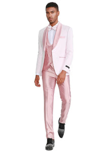 Pink  Prom Tuxedo Suit -Pink Wedding Suit - Men's One Button Vested Paisley Prom & Wedding Tuxedo With Satin Vest And Pants