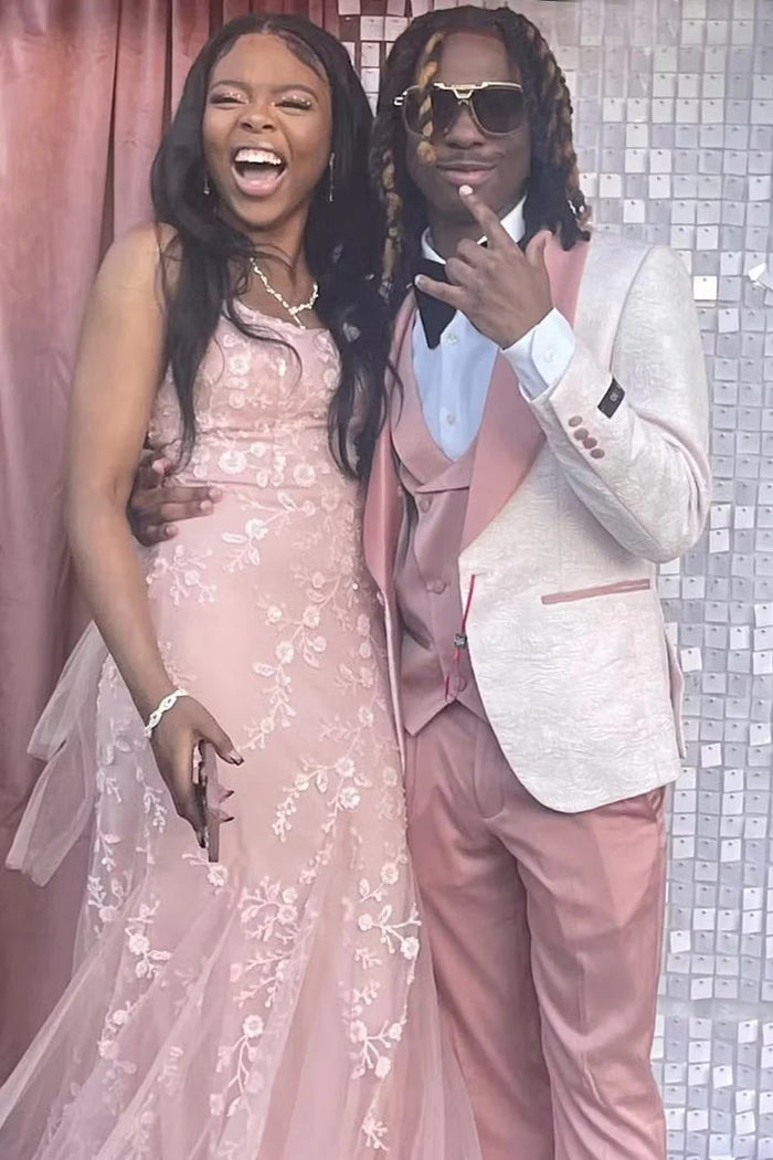 Pink  Prom Tuxedo Suit -Pink Wedding Suit - Men's One Button Vested Paisley Prom & Wedding Tuxedo With Satin Vest And Pants