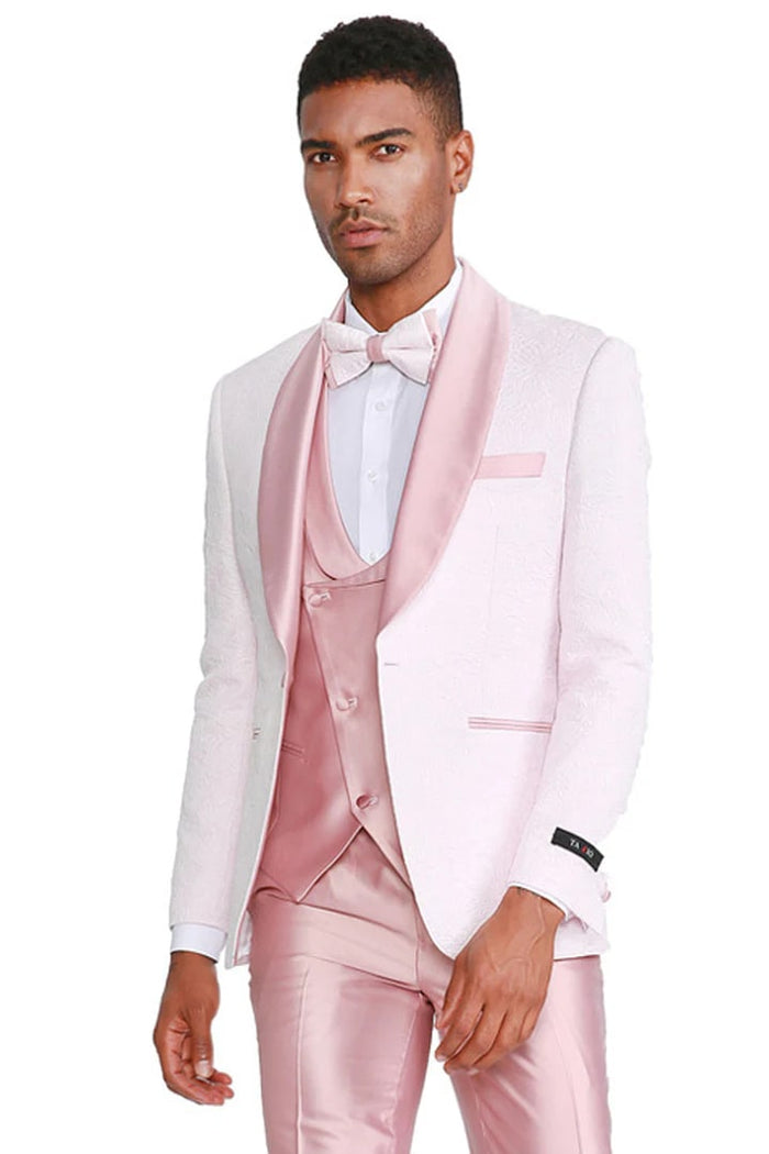 Pink  Prom Tuxedo Suit -Pink Wedding Suit - Men's One Button Vested Paisley Prom & Wedding Tuxedo With Satin Vest And Pants