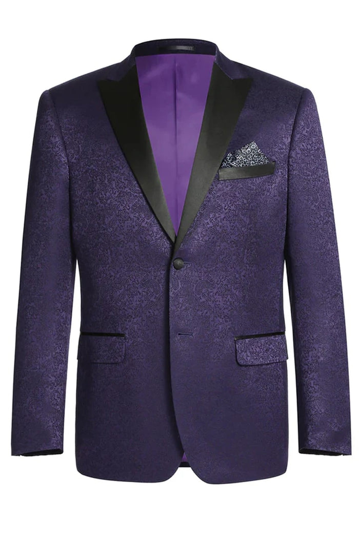 Purple Prom Tuxedo Suit - Purple Wedding Suit - Mens Two Button Peak Lapel Paisley Prom Tuxedo Blazer In Purple
