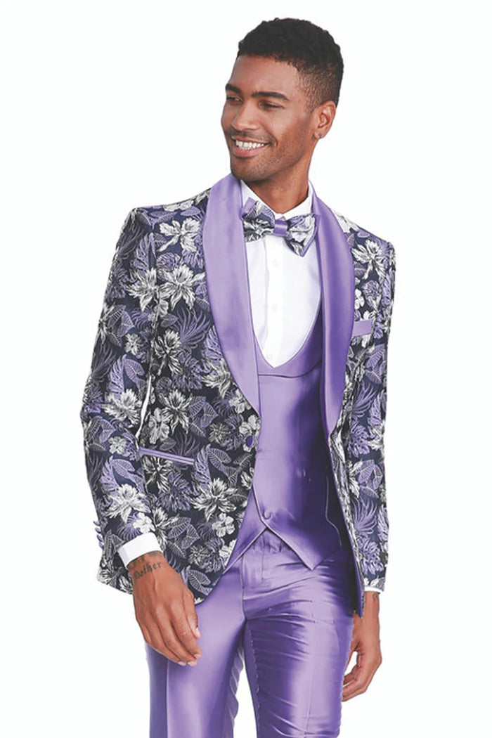 Purple  Prom Tuxedo Suit - Purple Wedding Suit - Men's Slim Fit One Button Vested Paisley Shawl Lapel Prom Tuxedo