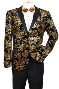 Gold Prom Tuxedo Suit - Gold Wedding Suit - Men's Modern Fit Velvet Floral Paisley Foil Tuxedo Jacket