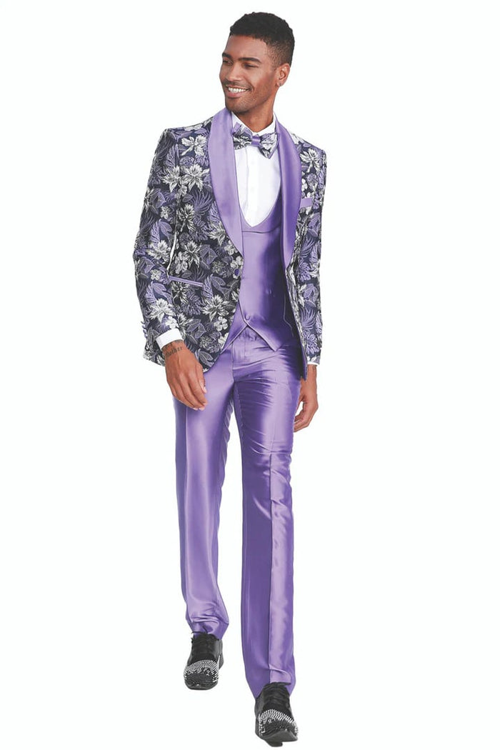 Purple  Prom Tuxedo Suit - Purple Wedding Suit - Men's Slim Fit One Button Vested Paisley Shawl Lapel Prom Tuxedo