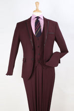 Mens Two Button Slim Fit Vested Prom Tuxedo Suit with Trim in Burgundy