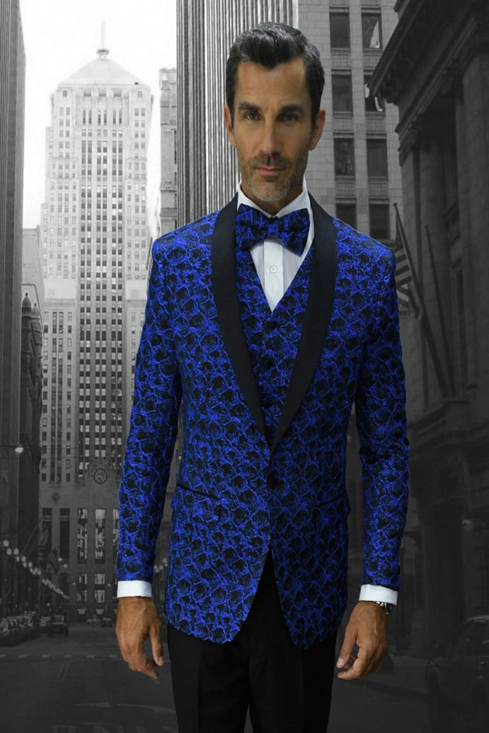 Mens Geometric Wave Paisley Tuxedo in Royal Blue & Black