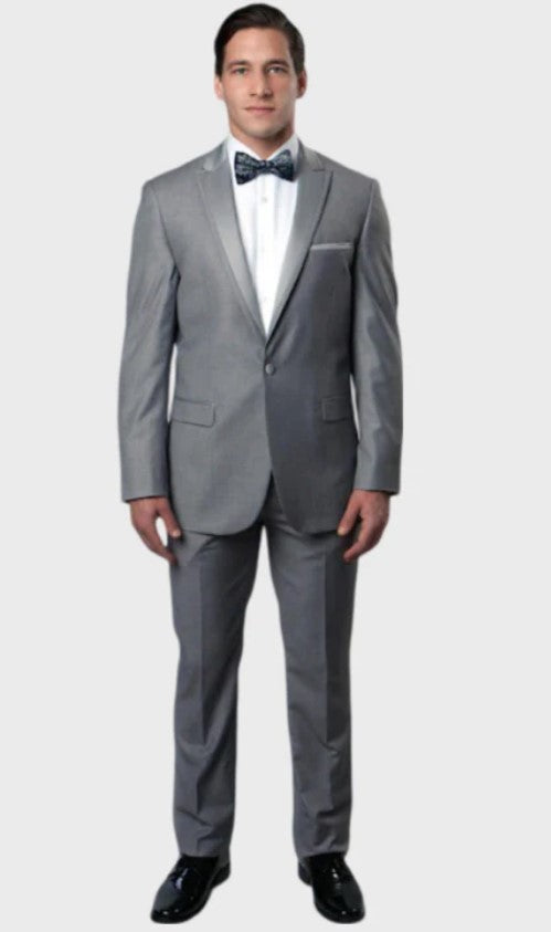 Big and Tall Tuxedo - Single Breasted Jacket Grey 1 Button Satin Peak Lapel Tuxedo