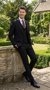 Men’s Black Wool Suit with One Button Peak Lapel Jacket and Double Breasted Vest