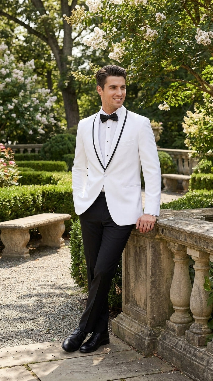 Men’s White Prom Tuxedo Suit with Black Trim, White Wedding Tuxedo for Prom, Groom & Formal Events