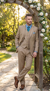 Men’s Tan 3 Button Classic Fit Vested Suit, Formal Wedding Business Dress Suit