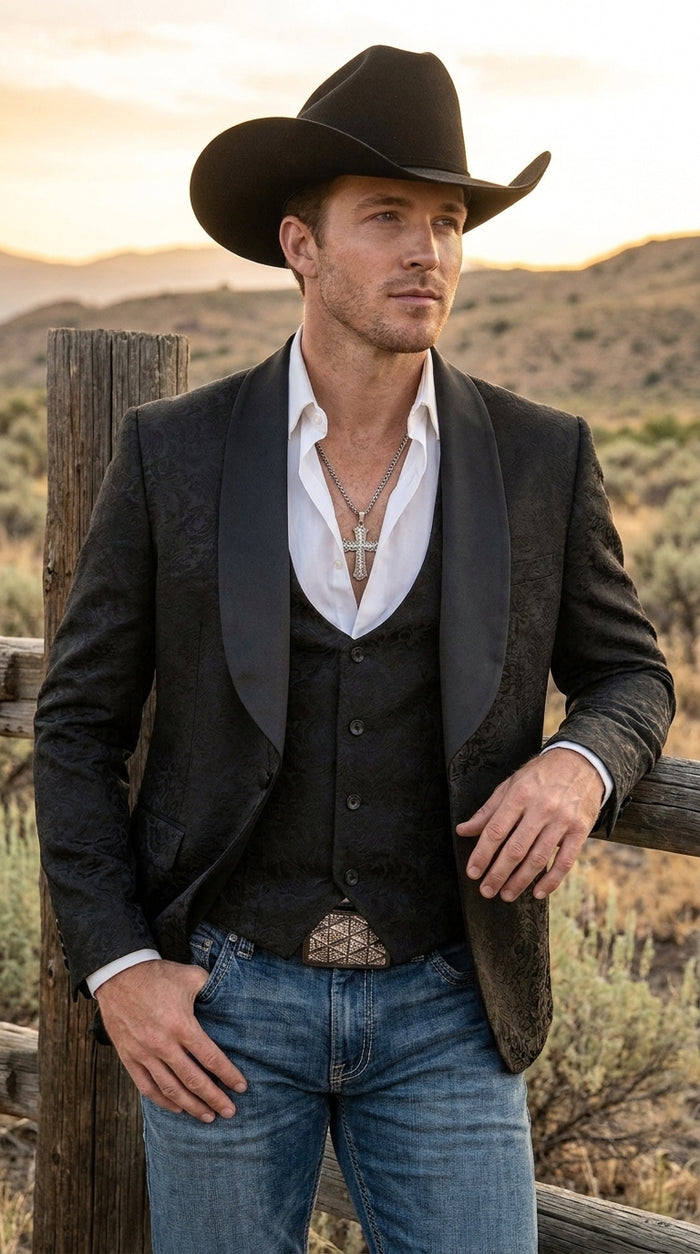 Men’s Black Paisley Jacquard Blazer, Satin Shawl Lapel Western Formal Designer Jacket