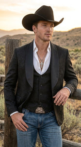 Men’s Black Paisley Jacquard Blazer, Satin Shawl Lapel Western Formal Designer Jacket