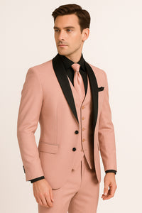 Men's Light Pink 3-Piece Tuxedo Suit with Black Satin Shawl Lapel – Formal Wear - Ultra Slim Fitted in Blush color