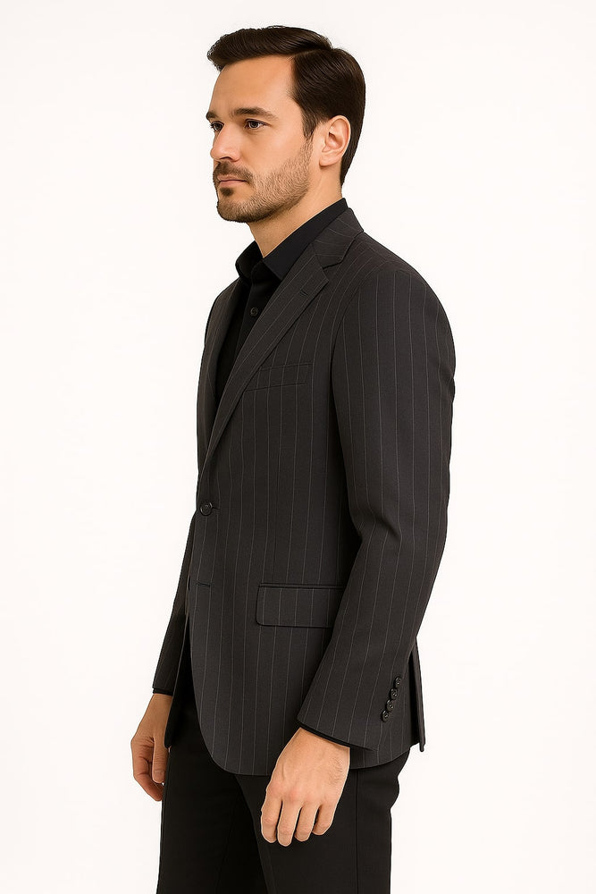 Pinstripe Blazer in Black Pinstripe Almost Dark Charcoal Grey Pinstripe Sport Coat - 1920s Pattern Sport Coat