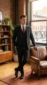 Men’s Black Wool Suit with One Button Peak Lapel Jacket and Double Breasted Vest
