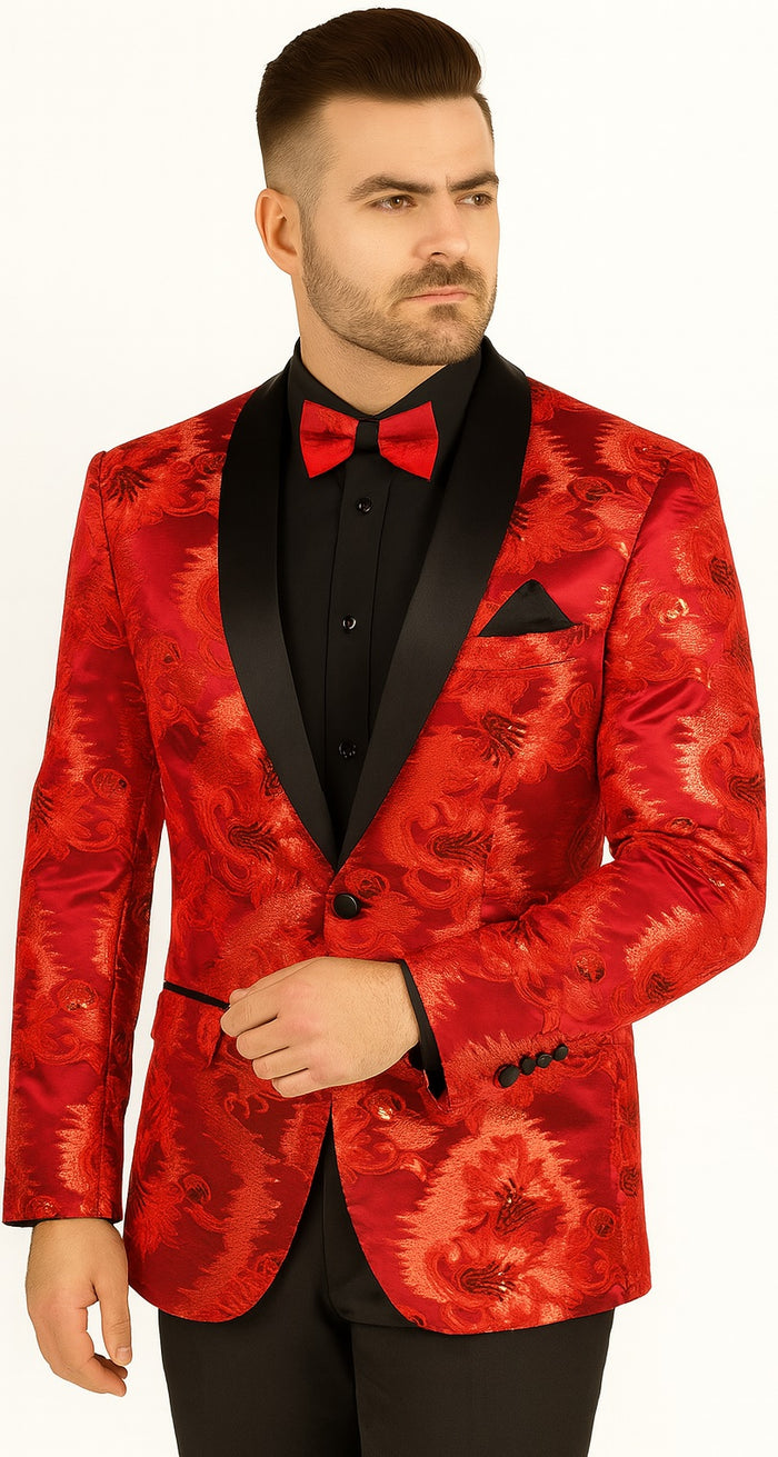 Premium Vinci Men's Red Sequin Floral Prom Tux Jacket | Slim Fit