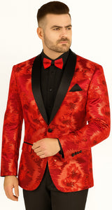 Premium Vinci Men's Red Sequin Floral Prom Tux Jacket | Slim Fit