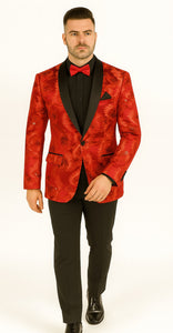 Premium Vinci Men's Red Sequin Floral Prom Tux Jacket | Slim Fit