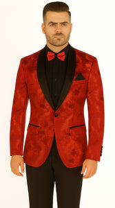 Premium Vinci Men's Red Sequin Floral Prom Tux Jacket | Slim Fit