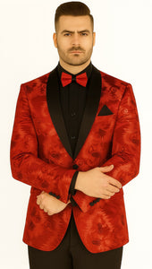 Premium Vinci Men's Red Sequin Floral Prom Tux Jacket | Slim Fit