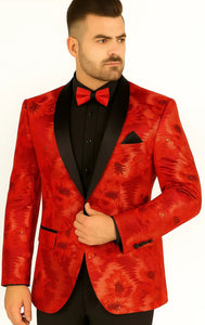 Premium Vinci Men's Red Sequin Floral Prom Tux Jacket | Slim Fit