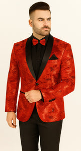Premium Vinci Men's Red Sequin Floral Prom Tux Jacket | Slim Fit
