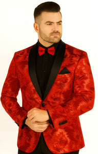 Premium Vinci Men's Red Sequin Floral Prom Tux Jacket | Slim Fit