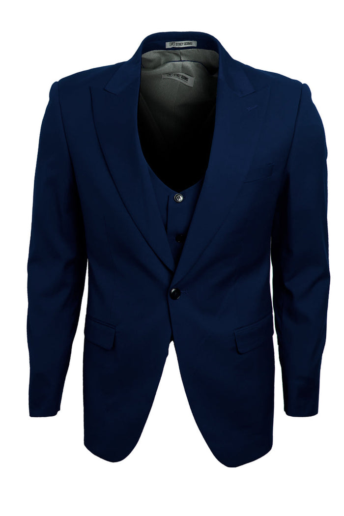 "Men's Vested One-Button Peak Lapel Navy Blue Suit by Stacy Adams"