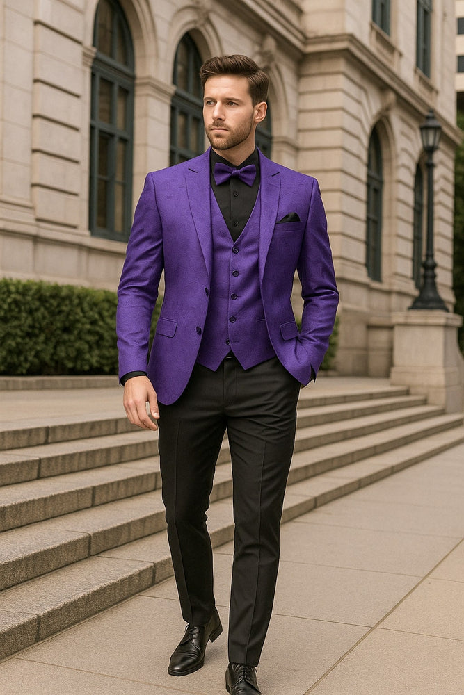 Men’s Purple Paisley Tuxedo Suit – 3 Piece Formal Set with Vest and Bow Tie